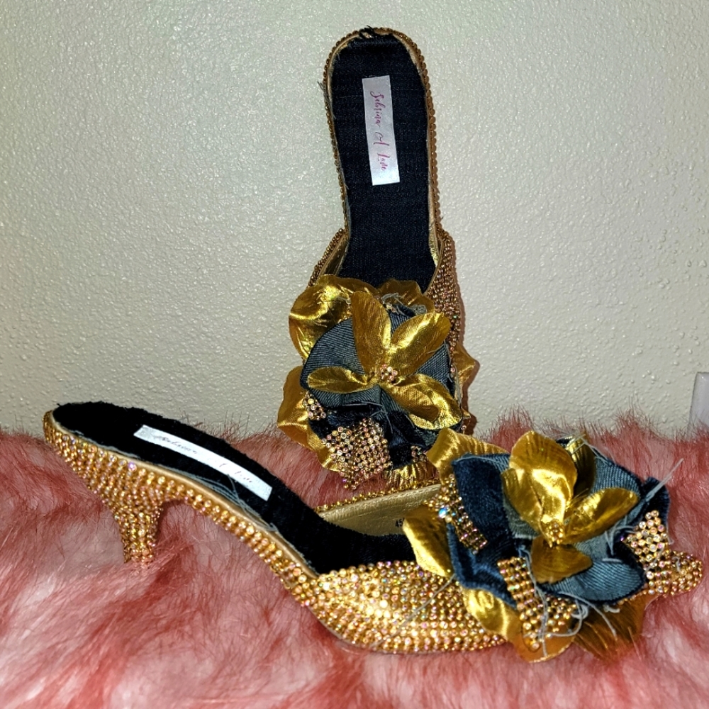 Custom Order "DALLAS" Denim & Diamonds AB Gold Crystal & Denim Mules